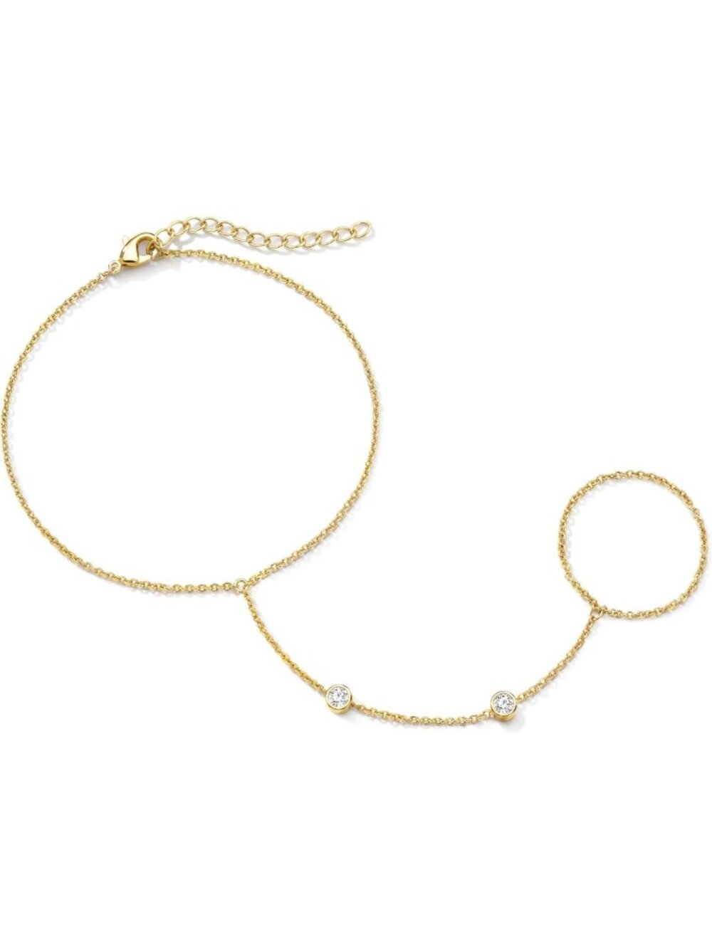 Trendy Dainty Gold Hand Chain & Ring Set, Cubic Zirconia, 14K Gold Plated